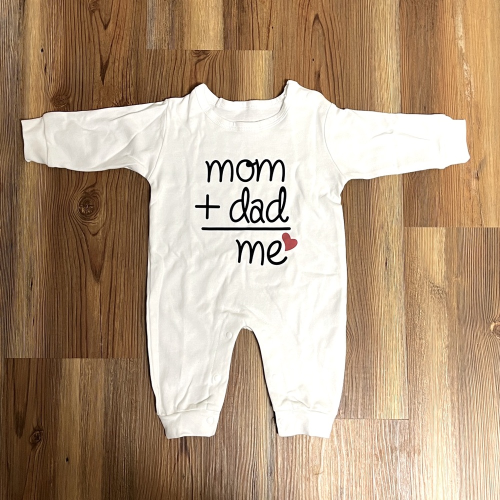 Baby Onesie, white long sleeve, cotton, snap closure legs. “ mon + dad=me. NIB